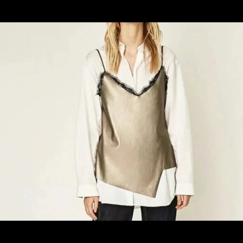 COPY - Zara Knit Faux Leather Metallic Lace Trim Strappy Cami Tank Top